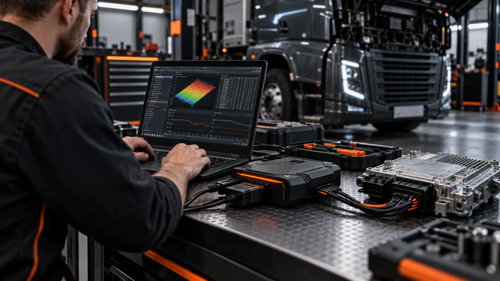 Mesa de trabajo con herramienta de programación y laptop